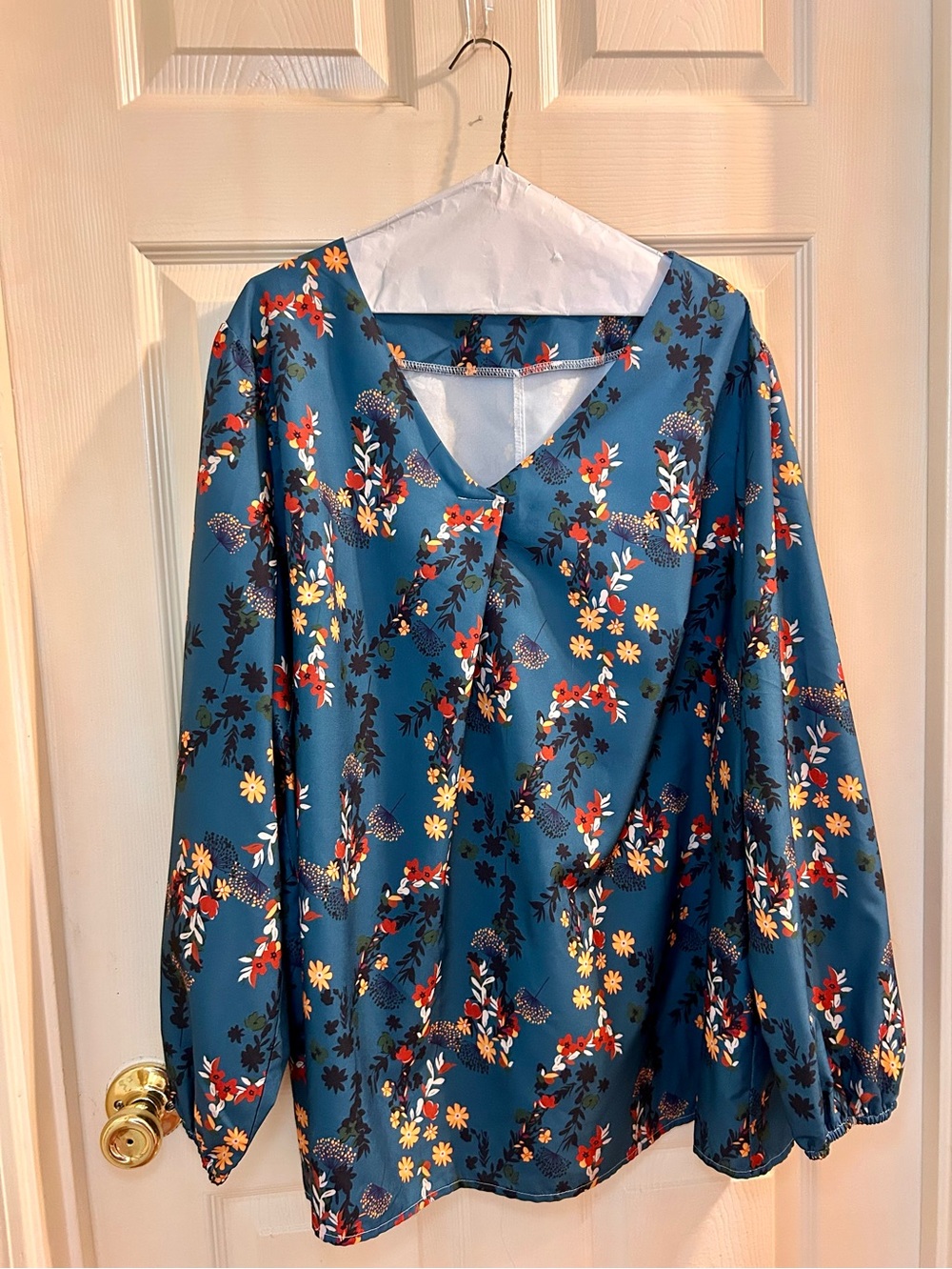 Teal Floral V-Neck Long-Sleeve Blouse